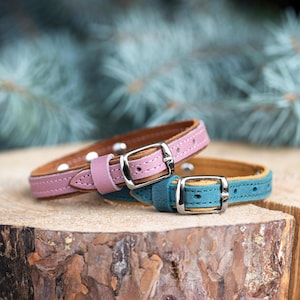 2 color Leather Cat Collar with Name - Personalized Silent Tag Collar for Cats & Small Dogs | Custom Gift for Pet Lovers