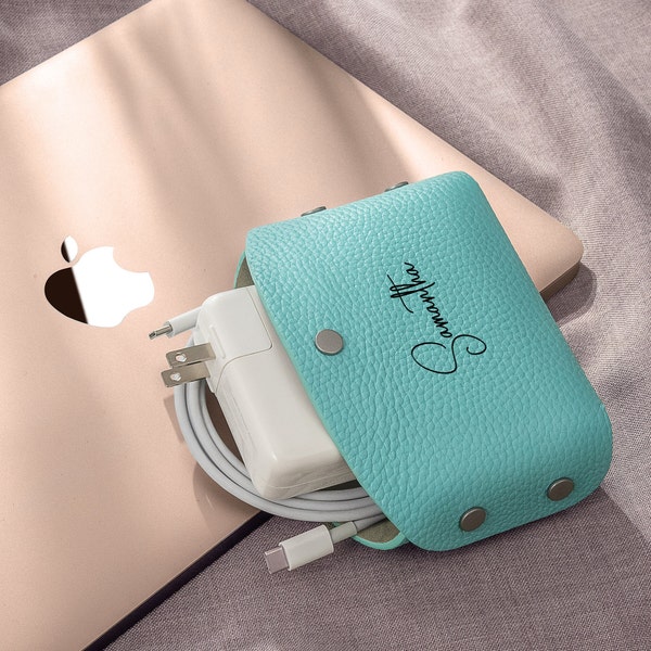 Travel charger organizer personalized Leather cord organizer charger bag for Apple power adapter laser engraved - cute best gift for her