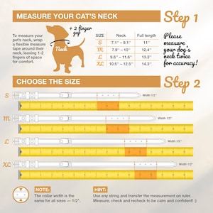 Op de afbeelding: Een instructieve afbeelding voor het meten van de nek van een huisdier voor een halsband. Het bevat een diagram van een hond, een maattabel en instructies. De kraagmaten vari&euml;ren van 18 cm tot 32 cm nekomtrek, met een breedte van 1,27 cm.