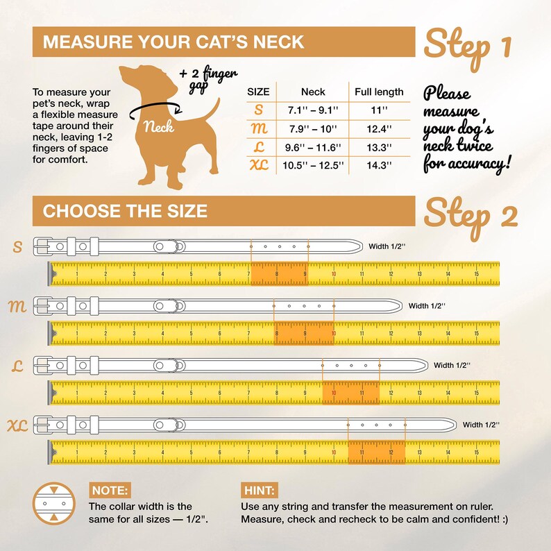 Op de afbeelding: Een instructieve afbeelding voor het meten van de nek van een huisdier voor een halsband. Het bevat een diagram van een hond, een maattabel en instructies. De kraagmaten vari&euml;ren van 18 cm tot 32 cm nekomtrek, met een breedte van 1,27 cm.