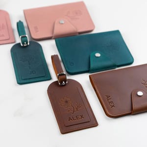 Custom Leather Passport Holder and Luggage Tag Personalized with Birth Flower embossed | Travel gift Set for her & him