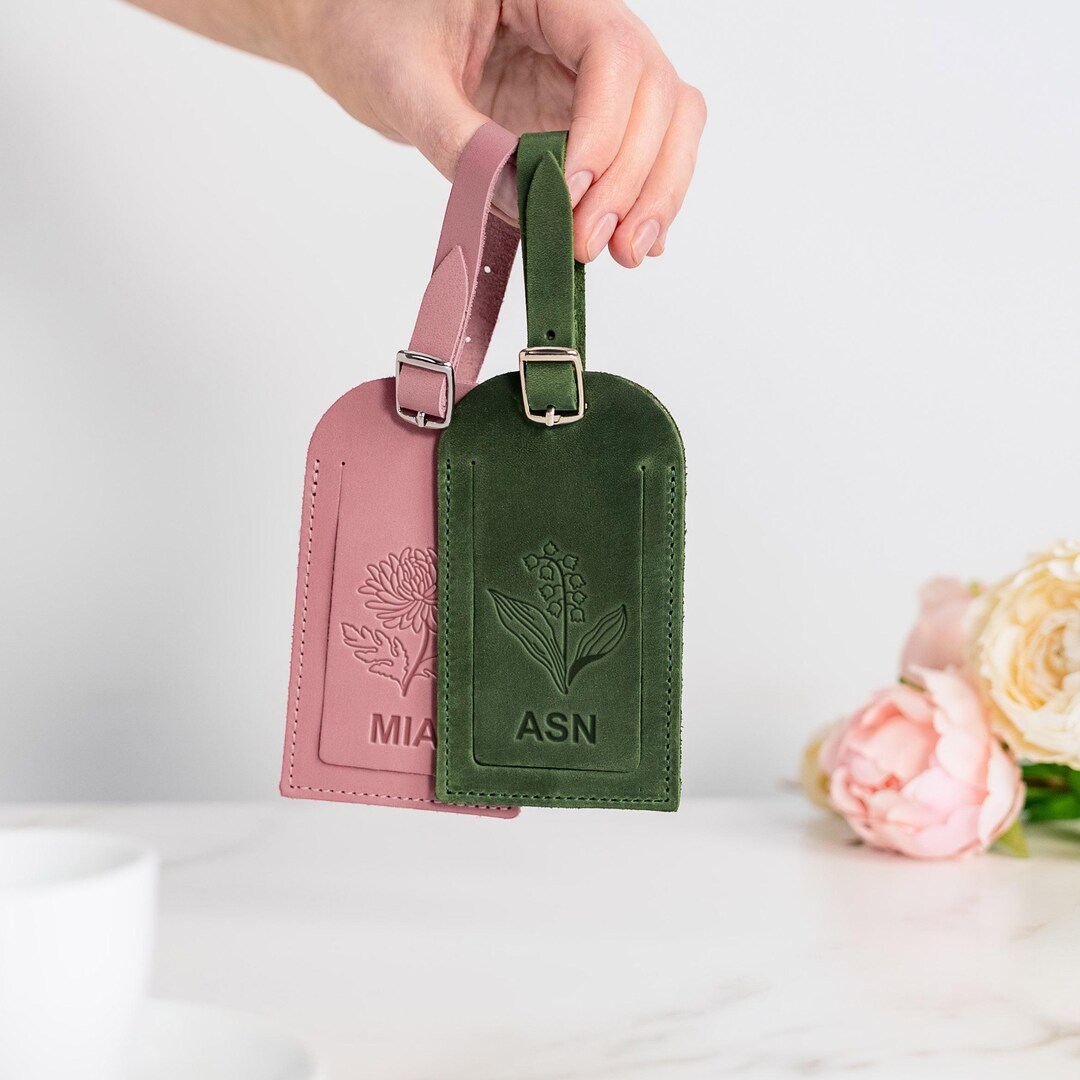 Custom Leather Luggage Tags Personalized With Birth Flower • Wedding ...