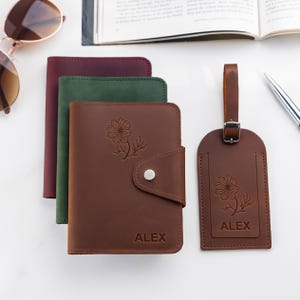 Personalized Leather Passport Holder & Luggage Tag Set with Birth Flower | 3rd anniversary gift, custom Travel gift Set for her and him