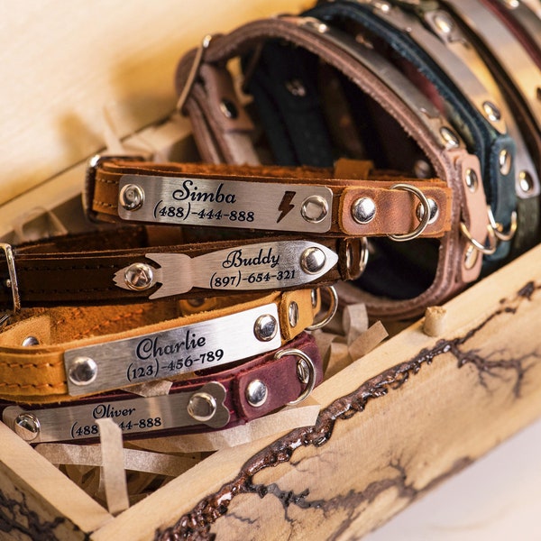 Personalized Leather Cat Collar, Engraved Stainless Steel Nameplate