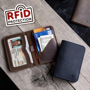 Cartera de cuero delgada personalizada con bolsillo frontal para hombre - Tarjetero con protección RFID / Regalo personalizado para cumpleaños o aniversario