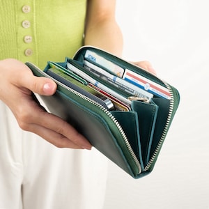 Cartera de cuero personalizada con cremallera larga para mujer: cartera grande para mujer con tarjetero, ranura para efectivo de tamaño completo y bolsillo interior