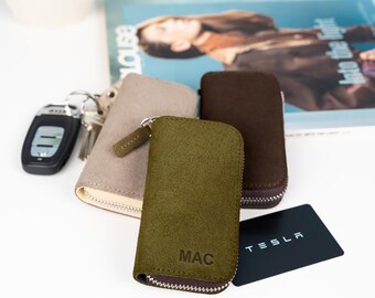 Personalized Suede Leather Zipper Key Case – Car Fob & Card Holder