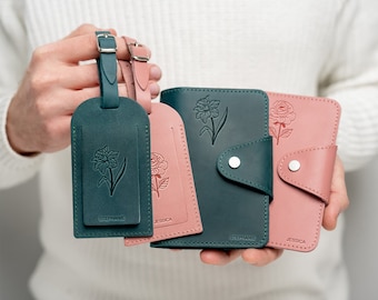 Personalized Leather Passport Cover & Luggage Tag Set: Birth Flower Gift