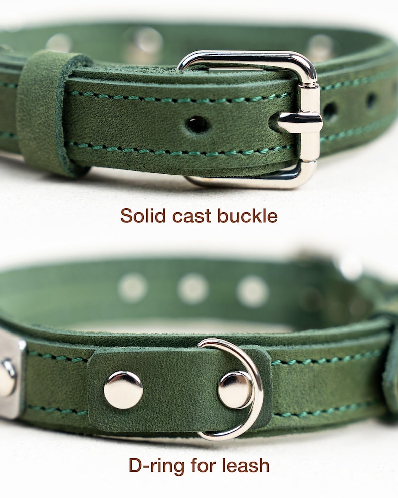 Op de afbeelding: Close-up van een groene leren hondenriem met een massieve gegoten gesp en een D-ring voor de riem. De halsband heeft groene stiksels en zilverkleurige hardware. De tekst "Solid cast buckle" en "D-ring for leash" zijn zichtbaar.
