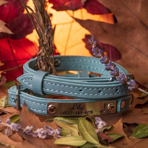 Leather Cat Collar with Name, Personalized Cat Collar, Engraved Custom Cat Collar light blue