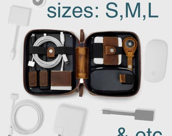 Custom Leather Travel Cable and Charger Organizer Bag Personalized with name/monogram | Apple-compatible zipper storage for tech accessories