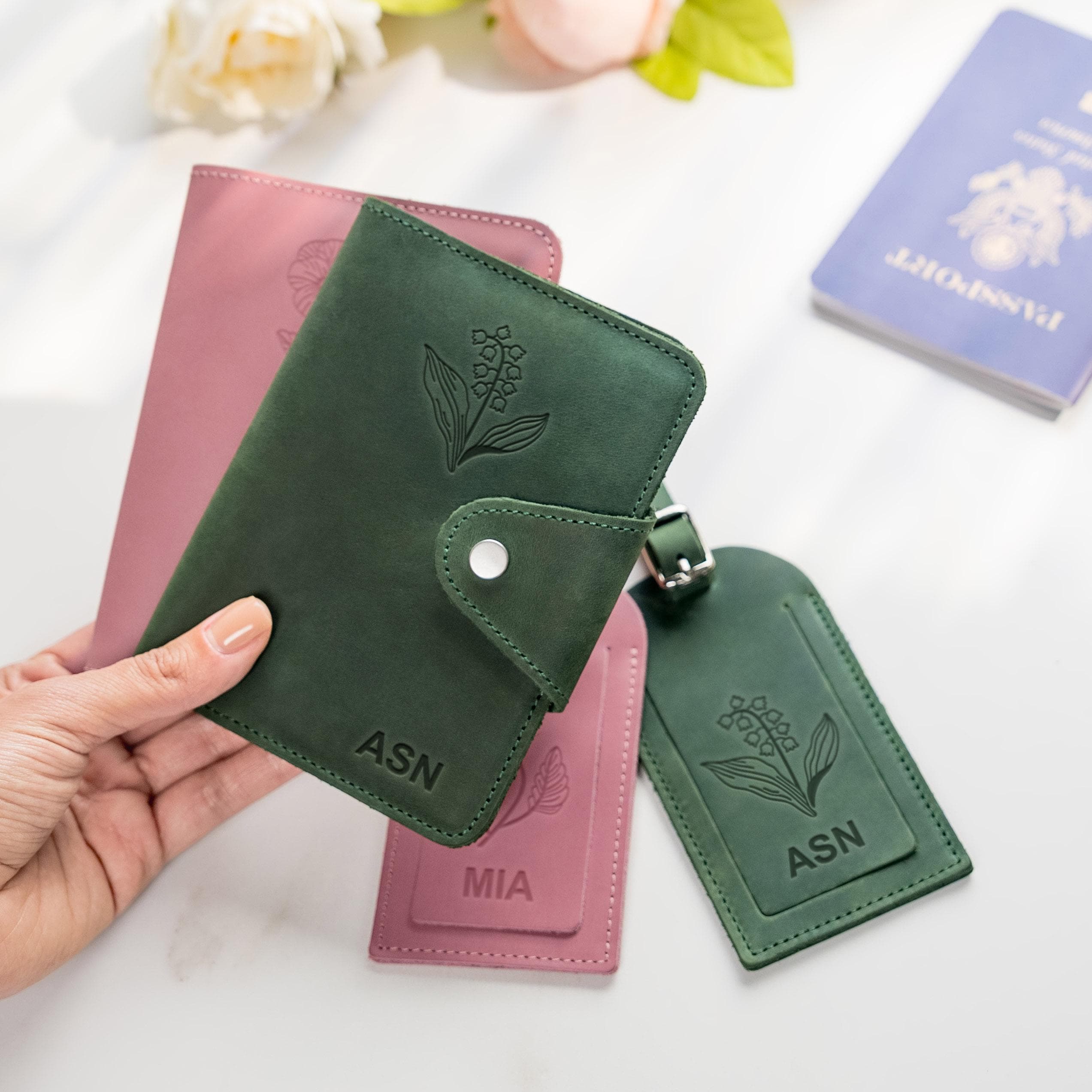 Custom Leather Passport Holder & Luggage Tag Personalized with Birth Flower | Monogram Passport cover with baggage tag, Travel Gift for her