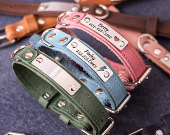 Personalized Leather Dog Collar with Engraved Name Plate - Custom Collar for Small Dogs & Female Pets