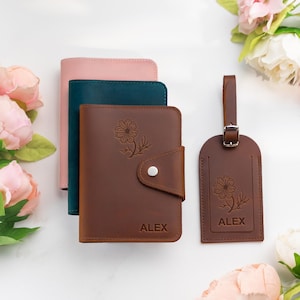 Custom Leather Passport Holder and Luggage Tag Personalized with Birth Flower embossed | Travel gift Set for her & him