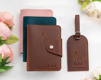 Personalized Leather Passport Holder & Luggage Tag Set | Birth Flower Embossed