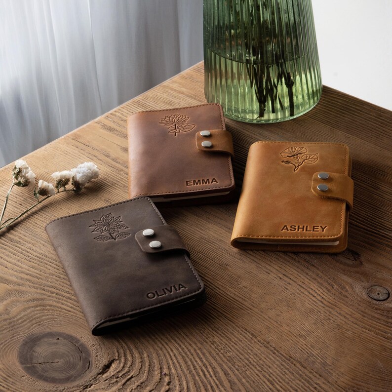 Personalized Birth Flower Stamped Leather Notebook & Paper Set 3.5 X 5.