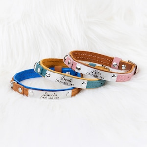 2 color Leather Cat Collar with Name - Personalized Silent Tag Collar for Cats & Small Dogs | Custom Gift for Pet Lovers