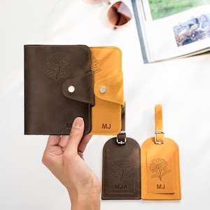 Personalized Leather Passport Holder & Luggage Tag Set with Birth Flower | Travel gift Set for her and him