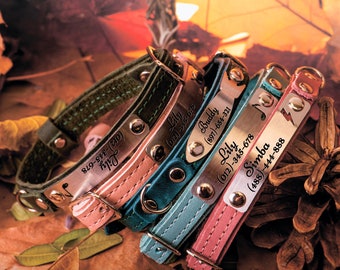 Personalized Leather Cat Collar – Custom Name Plate, Small Dog Collar
