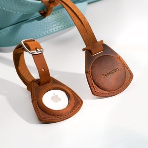 Personalized Leather luggage tag & AirTag Holder, Air Tag Keychain | Apple Airtag leather case with name | Air tag luggage tag and bag charm