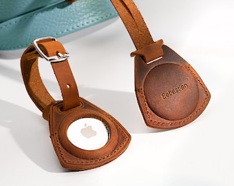 Personalized Leather luggage tag & AirTag Holder, Air Tag Keychain | Apple Airtag leather case with name | Air tag luggage tag and bag charm