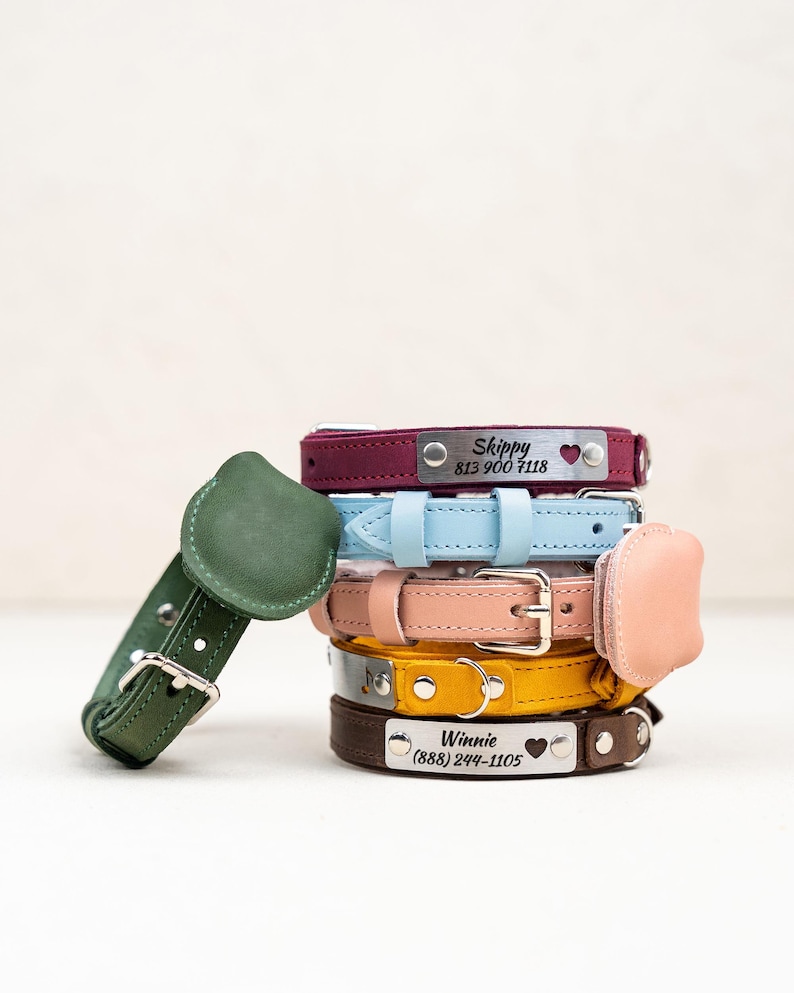 Op de afbeelding: Een stapel kleurrijke leren hondenhalsbanden in verschillende tinten, waaronder bordeauxrood, lichtblauw, roze, geel en bruin. Elke halsband heeft een metalen naamplaatje met een naam en telefoonnummer. E&eacute;n groene halsband is los.
