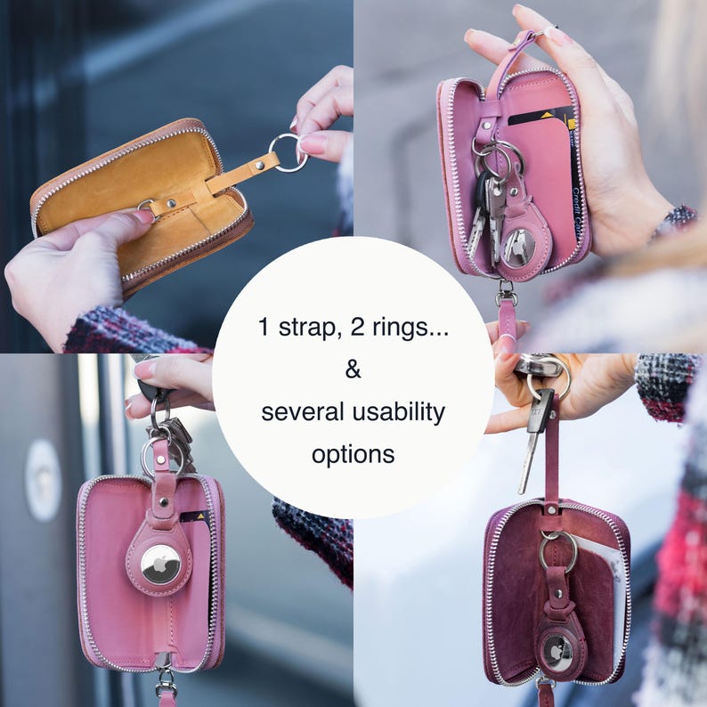 May include: A collection of images showcasing a leather key case in various colors, including brown and pink. The case features a zipper closure, a strap, and multiple rings for keys and accessories. The text in the image reads: "1 strap, 2 rings... & several usability options."