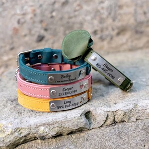 Op de afbeelding: Een stapel kleurrijke dierenhalsbanden in teal, roze en geel, elk met een zilveren naamplaatje. De teal halsband heeft de naam "Bailey" en een bliksemschicht. De roze halsband heeft "Cooper" en een hart. De gele halsband heeft "Lucy" en een muzieknoot.