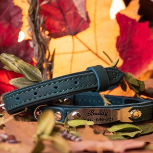 Leather Cat Collar with Name, Personalized Cat Collar, Engraved Custom Cat Collar sea green
