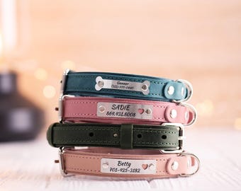 Personalized Dog Collar, Leather Dog Collar with Name, Engraved Dog Collars, Custom Dog Collar, Dog Collar with silent name plate