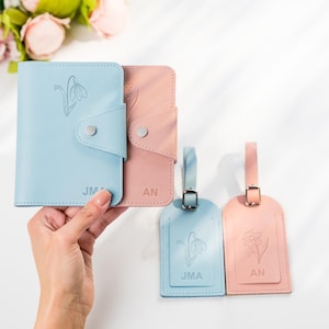 Passport Cover and Luggage Tag Personalized with Birth Month Flower | Couples Gifts, Bridesmaid Gift, Mothers Day Gift, Travel Gift for her
