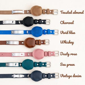 Op de afbeelding: Een collectie leren hondenhalsbanden in diverse kleuren, waaronder geroosterde amandel, houtskool, helderblauw, whisky, stoffig roze, zeegroen en vintage denim. Elke halsband heeft een metalen naamplaatje en een bijpassend leren accent.