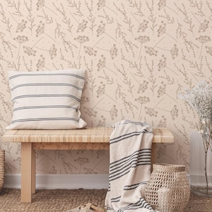 Boho Floral Peel and Stick Wallpaper, Botanical Beige Wallpaper for Bedroom or Kitchen in Rustic Style, Herbs Wallpaper Removable