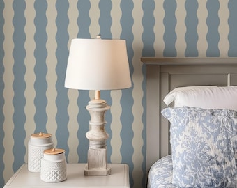 Striped Wallpaper Blue, Wavy Stripe Wallpaper Dusty Blue for Bedroom or Nursery Wall Decor, Modern Peel and Stick and Traditional Wallpaper