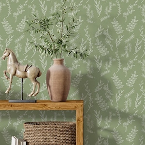 Sage Green Floral Wallpaper Peel and Stick, Cottage Kitchen Wallpaper, Leaf wallpaper farmhouse decor, Perfect neutral wallpaper