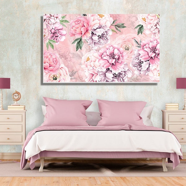 Framed Watercolor Peonies Canvas Painting, Peony Wall Hanging  Bedroom, Peonies Canvas Decor, Peony Canvas Art, Floral Decor Girl Room