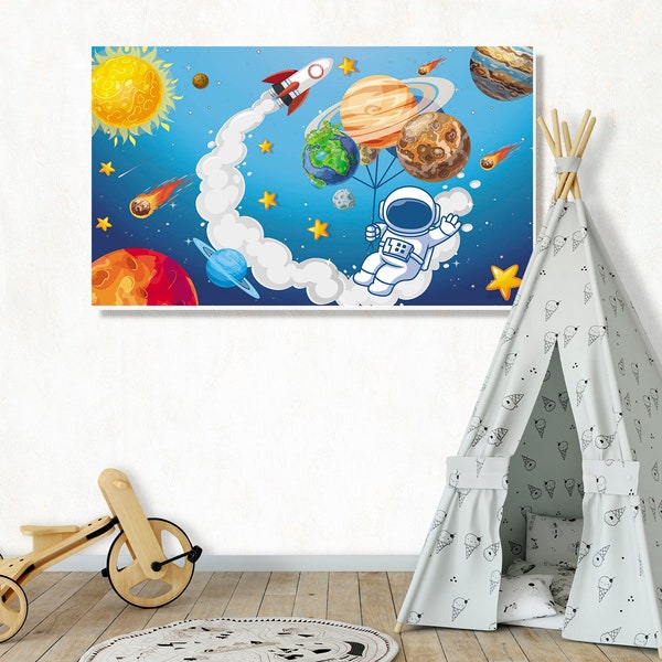 Framed Earth Spaceman Canvas Nursery, Canvas Blue, Space Wall Hanging Bedroom, Canvas Art, Wall Decor Nursery, Accent Wall Decor
