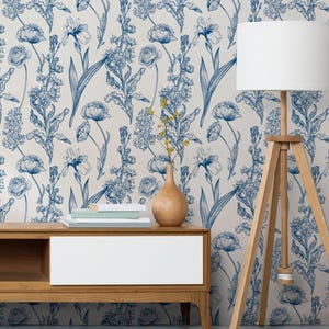 Blue Toile Floral Wallpaper, Peel and Stick Botanical Floral Mural, Removable Neutral Victorian Wallpaper, Garden Wildflower Wallpaper