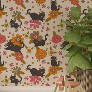 Cat wallpaper for nursery decor, Retro floral wallpaper with funny cats, Removable girls wallpaper nursery, Funky kids wallpaper