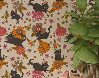 Cat wallpaper for nursery decor, Retro floral wallpaper with funny cats, Removable girls wallpaper nursery, Funky kids wallpaper