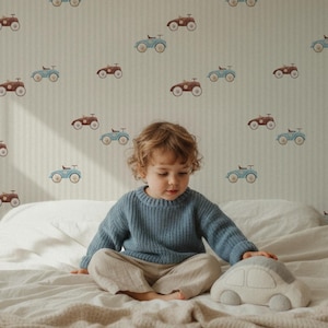 Car Theme Nursery Wallpaper for Baby Boy Nursery Decor, Vintage Race Car Wallpaper for Kids Boys Room Wall Decor Striped Baby Room Wallpaper