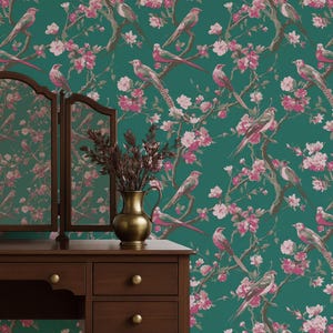 Chinoiserie Wallpaper Bird and Cherry Blossom Wall Mural, Bold Wallpaper in Green and Pink, Vintage Botanical Removable Wallpaper