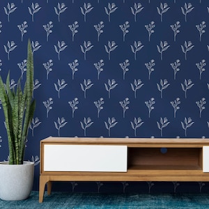 Navy Blue Wallpaper Floral elegant bedroom decor, Modern wallpaper dark blue, Removable Wall Mural for Bedroom or Living Room