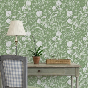 Sage green wallpaper Peel and Stick, Nature-inspired kitchen wallpaper prepasted Floral room decor, Cottagecore decor