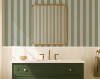 Salbeigrüne Streifentapete, beige-grüne klassische Tapete für Schlafzimmer oder Badezimmer, selbstklebend und traditionell