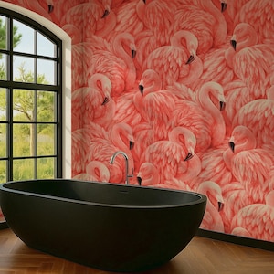 Flamingo Wallpaper Mural, Tropical Wallpaper for Bathroom, Coral Pink Coastal Wallpaper Peel and Stick and Traditional Wallpaper Funky