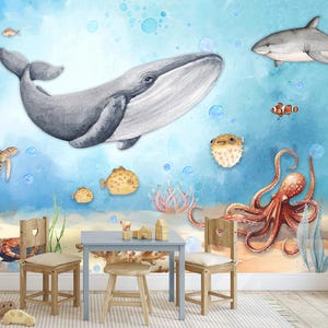 Underwater Ocean Wall Mural, Kids Room Wallpaper with Whale, Sea Life Nursery Decor, Ocean Wallpaper Peel and Stick Playroom Decor