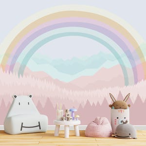 Rainbow Wallpaper for Toddler Girl Nursery Removable, Forest Wallpaper Mural Pink Pastel Wall Decor Adhesive, Peel & Stick  Baby Girl Room