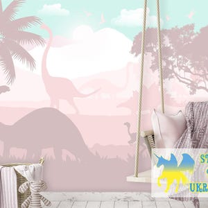 Dino Wallpaper for Toddler Girl Nursery, Soft Pastel Pink Jurrasic World Wall Mural, Peel & Stick,  Brachiosaurus Pterodactyl Wallpaper