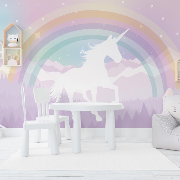 Rainbow Wallpaper Girl Nursery Removable, Unicorn Wall Mural Peel & Stick Pastel Wallpaper Adhesive, Mountains Wallpaper Bedroom Pink